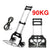 A 90KG heavy-duty folding hand truck shown in both folded and extended positions on a white background, with a coiled black strap and hook accessory on the left and large red '90KG' text on the right.