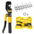A hydraulic crimping tool set shown on a white background, including a black and yellow crimping gun, a range of crimping blocks with size labels, two ring clips, and an open yellow carrying case containing the tool and accessories.