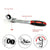 A chrome ratchet wrench with red and black handle grips, shown on a white background with red text callouts and three circular detail insets below. The callouts mention a 72-tooth head, polished chrome finish, 180-degree angle, and dual-direction off-corner loading design.