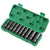 A 10-piece socket wrench set with dark metallic sockets arranged in a green plastic case, shown on a plain white background.