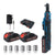 A cordless 3/8-inch ratchet wrench shown with accessories. The image includes a power adapter, a black carrying case, two 21V Li-ion battery packs with orange accents, and six socket bits (9mm, 11mm, 12mm, 14mm, 15mm, 17mm).
