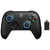 Black gaming controller with blue accents and a small dongle on a white background