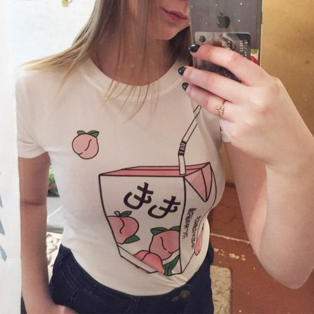 Cartoon Peach Juice Japanese Aesthetic T-Shirt: Summer tees for women from NSE Imports #6.