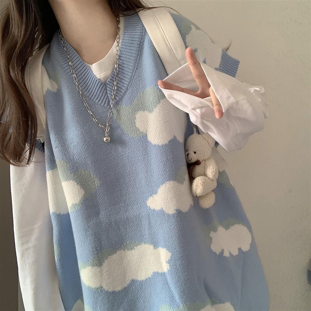 Japanese Kawaii Loose and cute cloud print long sleeve sweater top sweater