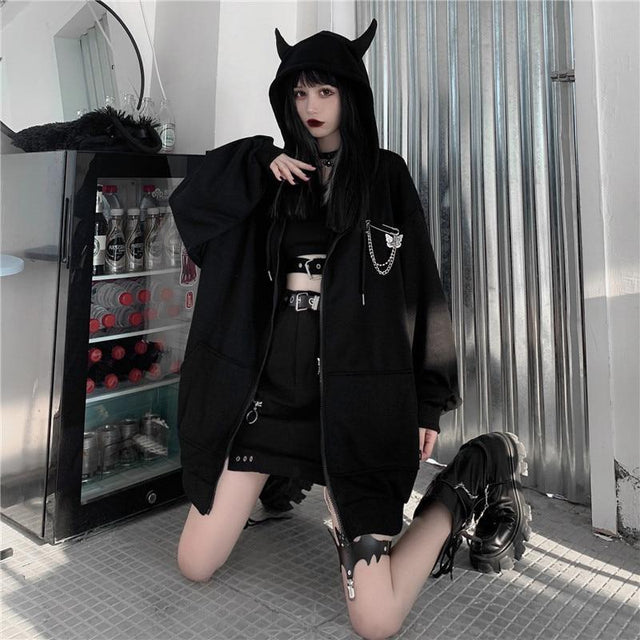 Devil Horn Zip Up Hooded Jacket: Gothic Rock Fashion from NSE Imports #13.