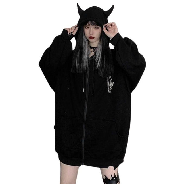 Devil Horn Zip Up Hooded Jacket: Gothic Rock Fashion from NSE Imports #16.