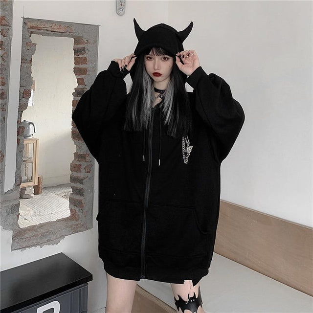 Devil Horn Zip Up Hooded Jacket: Gothic Rock Fashion from NSE Imports #9.