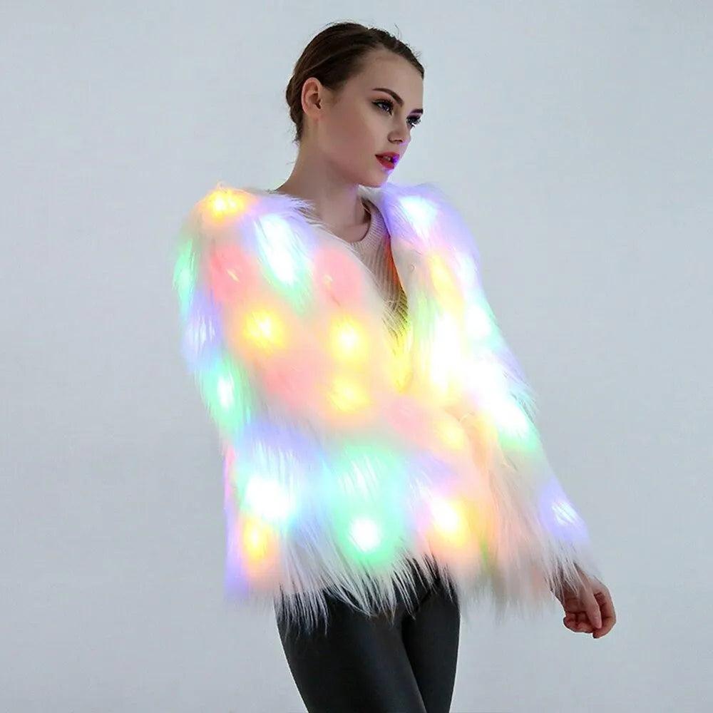 Faux Fur LED Light Up Party Coat Up to 6XL Women s Festival Clubbing Party Jacket