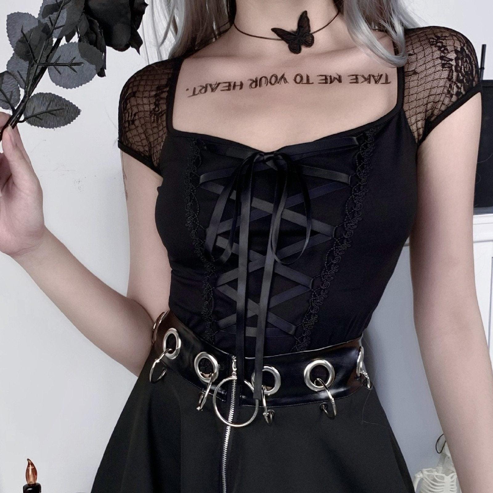 Gothic Rock Short Sleeve Corset Top with Lace and Ribbon Detai
