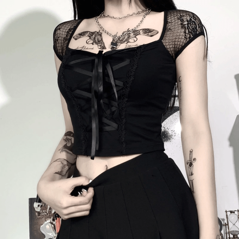 Gothic Rock Short Sleeve Corset Top with Lace and Ribbon Detai – NSE  Imports