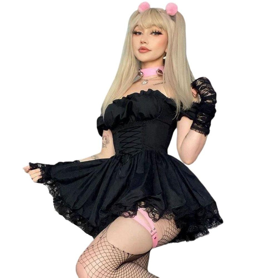 One opening Women Gothic Lolita Dress Fairy Grunge Punk Black Goth Dress  Lace Patchwork Flare Sleeve A-Line Dresses Halloween Outfit 