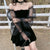 Puff Sleeve Mini Dress: Velvet pleated skirt, mesh puff sleeves, can be worn on or off the shoulder from NSE Imports #30.