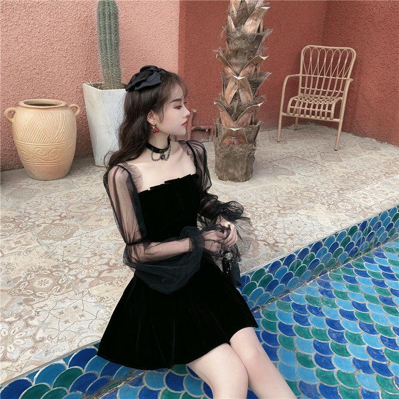 Women's Gothic Off Shoulder Puff Sleeved Multi-layer Short Dress