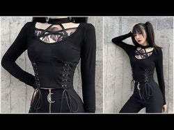 Goth Pentagram Cut out Top Choker Style Neck Long Sleeve, Lace Up Rock Punk Emo Witch Devil Corset from NSE Imports #20.