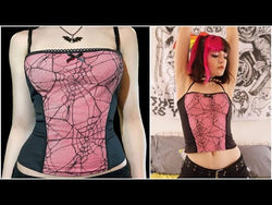 Gothic Spiderweb Net Mesh Panel Camisole: Lace Trim and Bow Detail Pink, White and Red from NSE Imports #31.