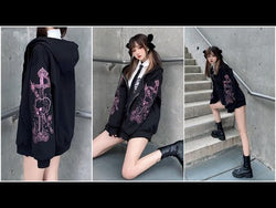 Skull and Swords Zip Up Hooded Women's Jacket: Japanese Sweatshirt Preppy Style Embroidered Baseball Long Sleeve Jacket Mall Goth from NSE Imports #21.