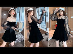 Puff Sleeve Mini Dress: Velvet pleated skirt, mesh puff sleeves, can be worn on or off the shoulder from NSE Imports #46.