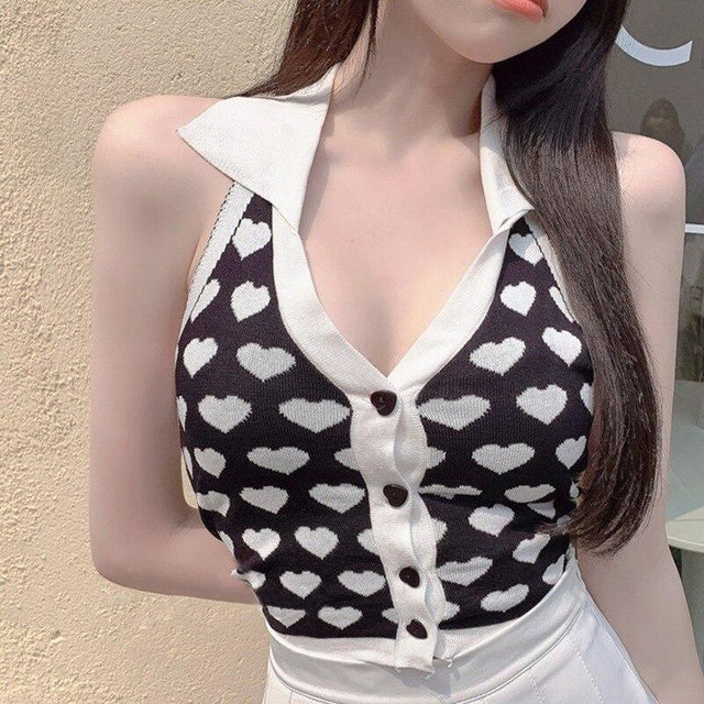 Knitted Sleeveless Heart Print Tank Top Halter Neck Women Backless Cardigan Sexy Small Vest Kawaii Harajuku Cute Sweet from NSE Imports #22.