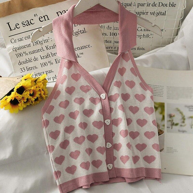 Knitted Sleeveless Heart Print Tank Top Halter Neck Women Backless Cardigan Sexy Small Vest Kawaii Harajuku Cute Sweet from NSE Imports #25.