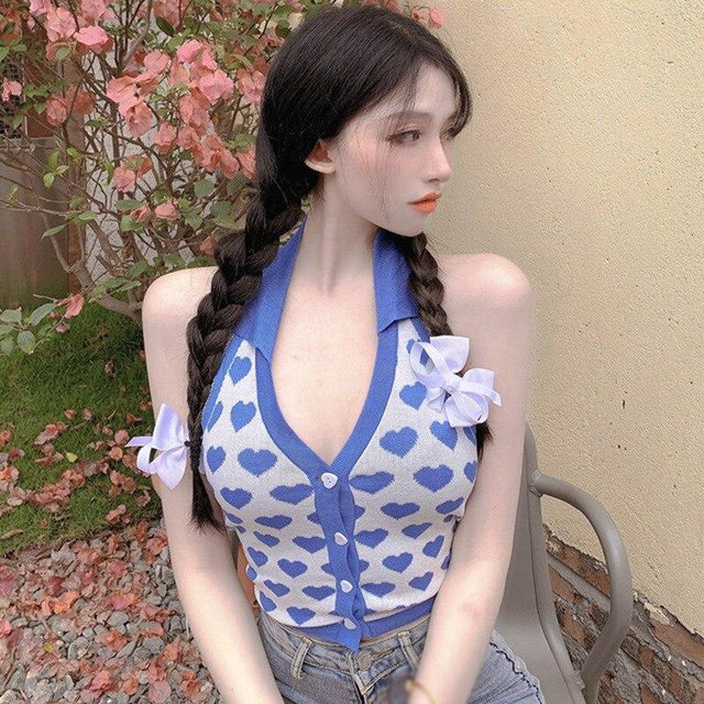 Knitted Sleeveless Heart Print Tank Top Halter Neck Women Backless Cardigan Sexy Small Vest Kawaii Harajuku Cute Sweet from NSE Imports #30.