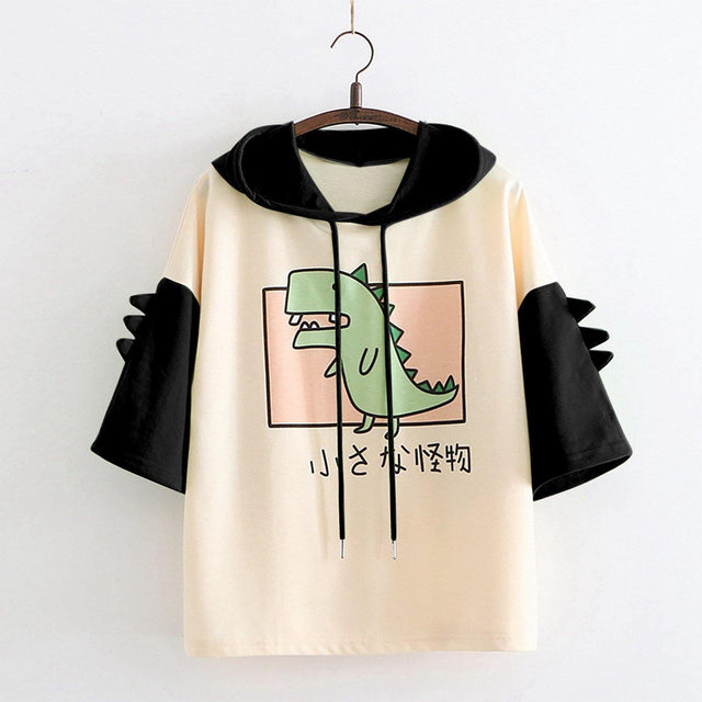 Little Monster Cute Dinosaur Hoodie T-shirt Patchwork Tee Women Pullover Top Harajuku Kawaii Japanese Text from NSE Imports #11.